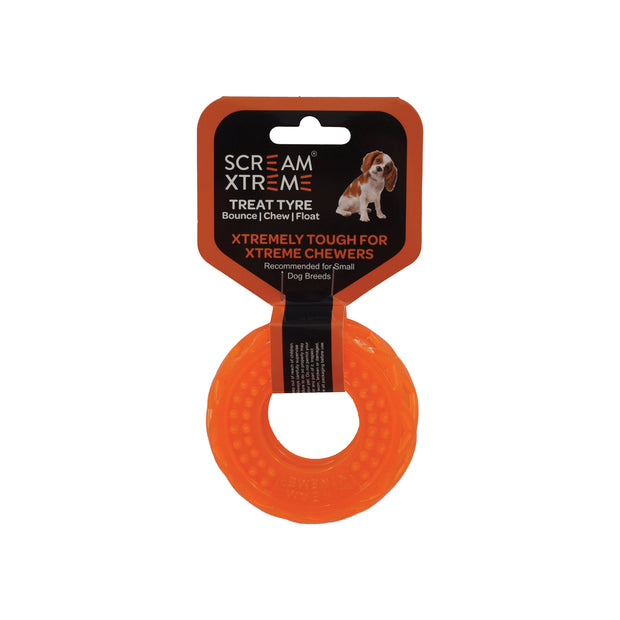 Scream Xtreme Tyre Treat Dispenser Toy for Dogs Small 9cm Loud Orange
