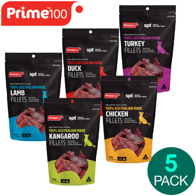 Prime100 Single Protein Treats for Dogs Variety Pack of 5 Flavours