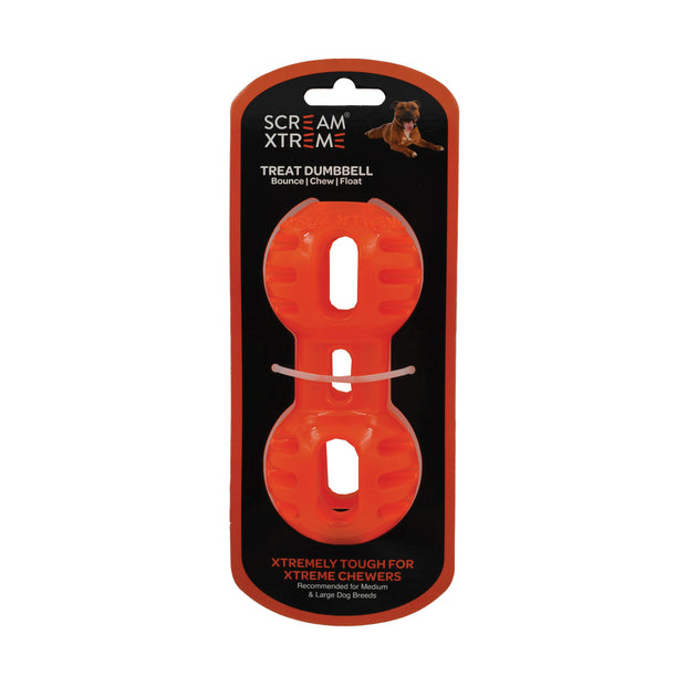 Scream Xtreme Dumbbell Treat Dispenser Toy for Dogs Medium/Large 14cm Loud Orange