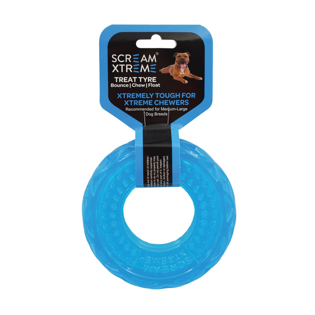 Scream Xtreme Tyre Treat Dispenser Toy for Dogs Medium/Large 13cm Loud Blue