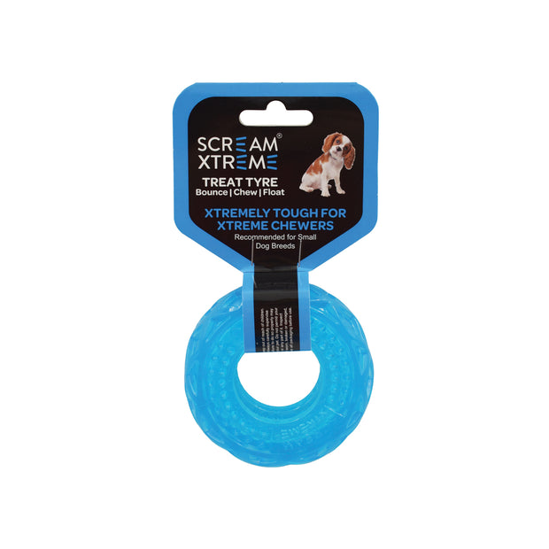 Scream Xtreme Tyre Treat Dispenser Toy for Dogs Small 9cm Loud Blue