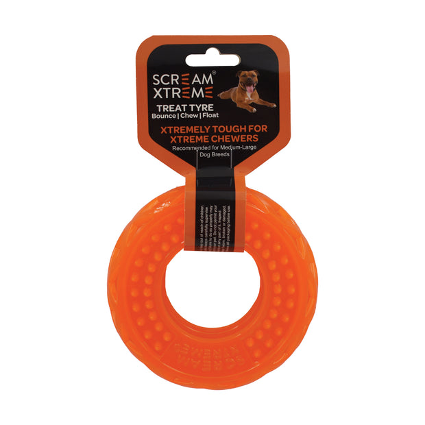 Scream Xtreme Tyre Treat Dispenser Toy for Dogs Medium/Large 13cm Loud Orange