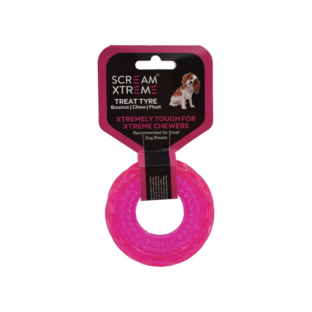 Scream Xtreme Tyre Treat Dispenser Toy for Dogs Small 9cm Loud Pink