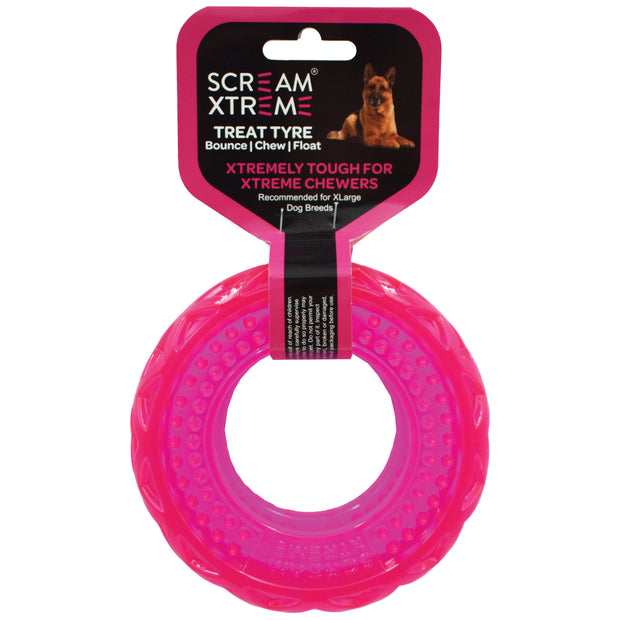 Scream Xtreme Tyre Treat Dispenser Toy for Dogs Extra Large 17cm Loud Pink