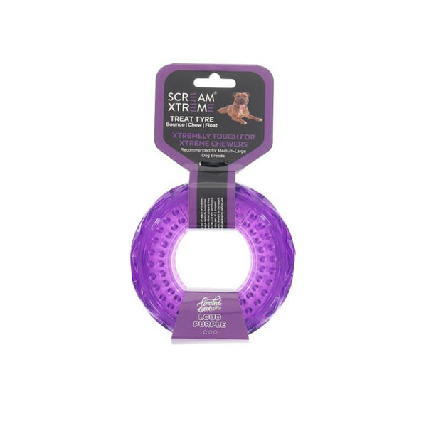 Scream Xtreme Tyre Treat Dispenser Toy for Dogs Medium/Large 13cm Loud Purple
