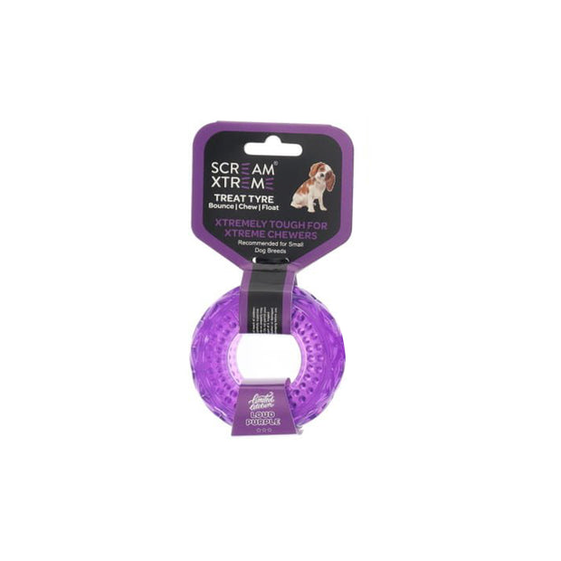 Scream Xtreme Tyre Treat Dispenser Toy for Dogs Small 9cm Loud Purple