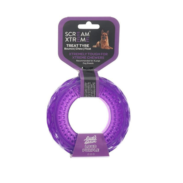 Scream Xtreme Tyre Treat Dispenser Toy for Dogs Extra Large 17cm Loud Purple