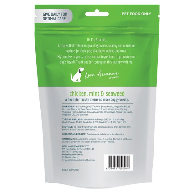 Bell & Bone Dental Sticks for Large Dogs 7 Pack - Chicken, Mint & Seaweed