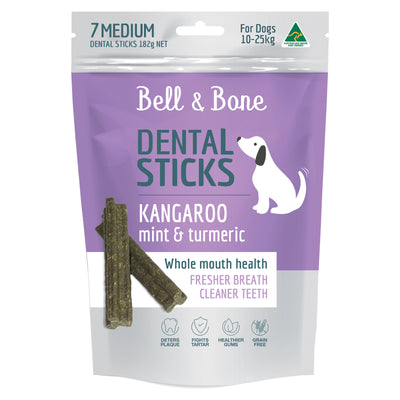 Bell & Bone Dental Sticks for Medium Dogs 7 Pack - Kangaroo, Mint & Turmeric