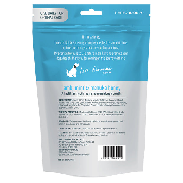 Bell & Bone Dental Sticks for Small Dogs 7 Pack - Lamb, Mint & Manuka Honey