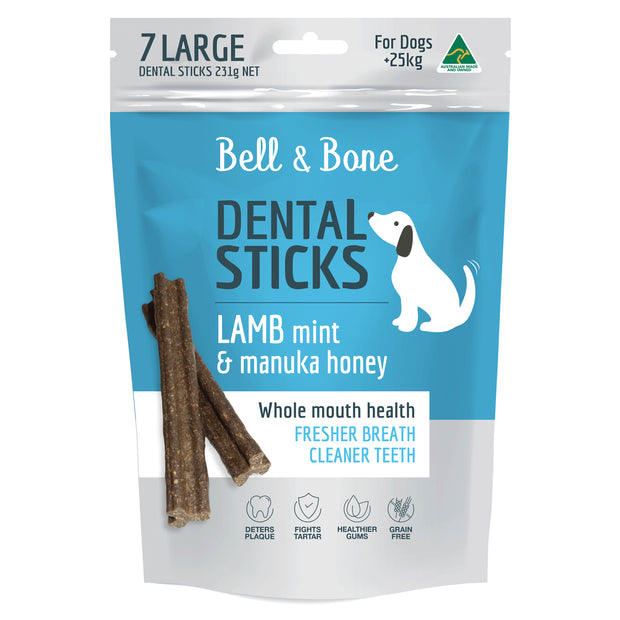 Bell & Bone Dental Sticks for Large Dogs 7 Pack - Lamb, Mint & Manuka Honey