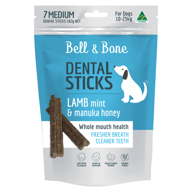 Bell & Bone Dental Sticks for Medium Dogs 7 Pack - Lamb, Mint & Manuka Honey